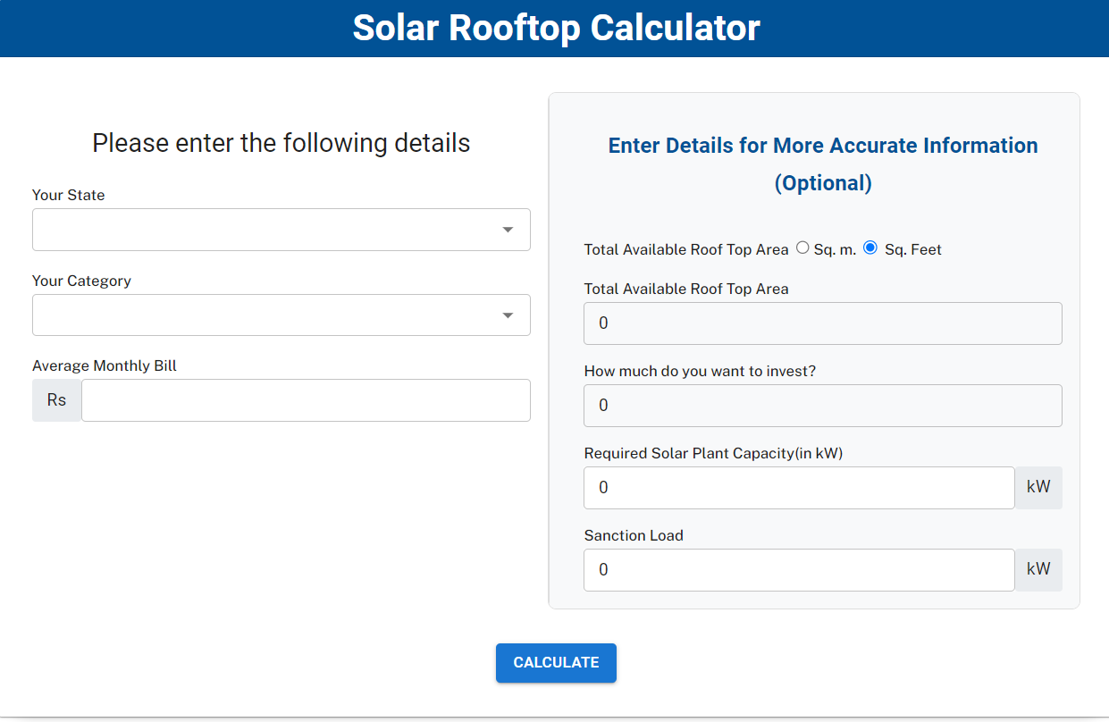 PM SURYAGHAR Solar Calculator